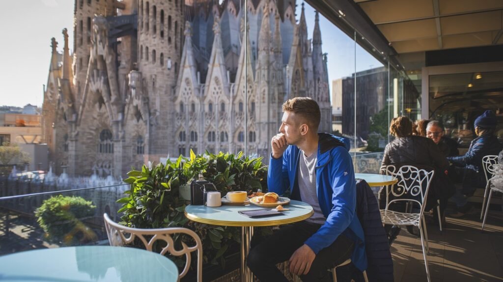 A solo traveler enjoying breakfast at a cafe overlooking Barcelona’s Sagrada Familia