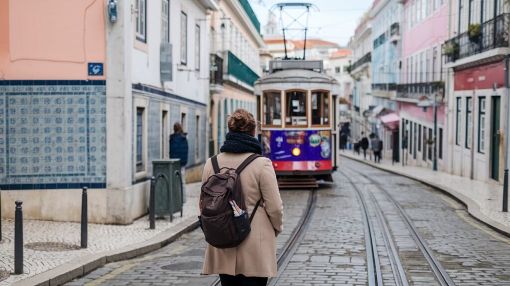 A solo traveler walking through the cobbled streets of Lisbon